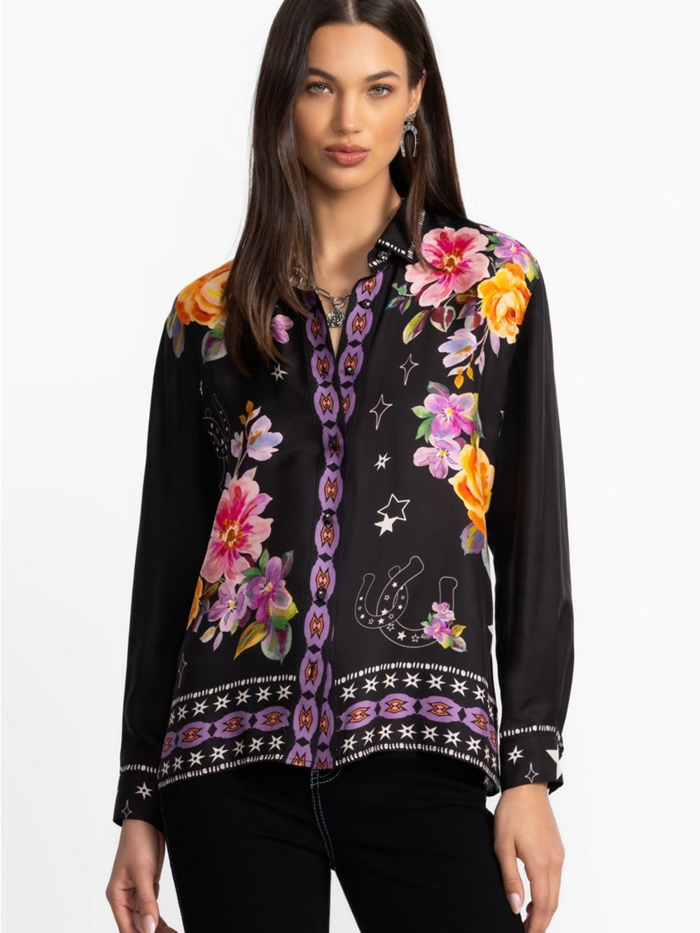 Johnny Was $280 Rosalynda Black Floral Button-Up Western Shirt Sz L - Like New